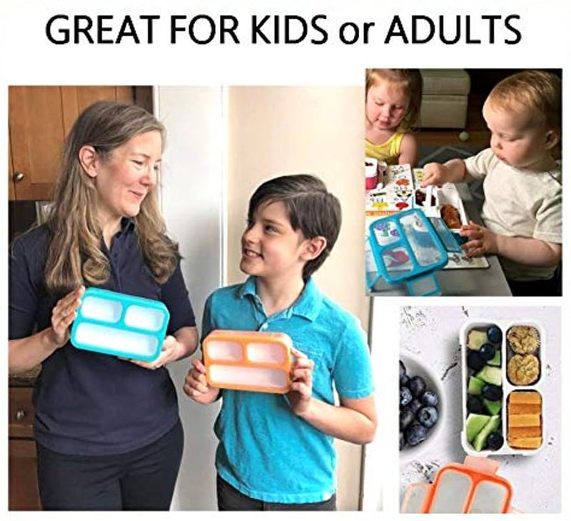 Kinsho Snack Containers - MINI Bento Box, Small Lunch Boxes for Kids Toddlers Boys Girls, Leakproof 3 Compartment Containers for Meal or Snacks, Day-Care Pre-School Travel, BPA Free, 2 Pack Set Coral Blue - Image 3